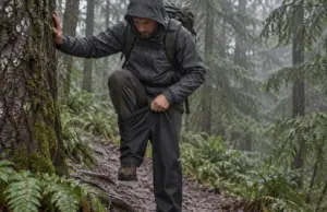 Best Rain Pants for Hiking That Actually Breathe Hiker pulling on rain pants for hiking beside a wet conifer trail under grey rain