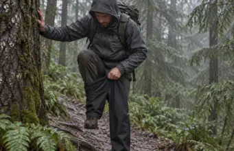 Best Rain Pants for Hiking That Actually Breathe Hiker pulling on rain pants for hiking beside a wet conifer trail under grey rain