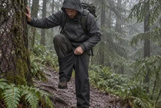 Best Rain Pants for Hiking That Actually Breathe Hiker pulling on rain pants for hiking beside a wet conifer trail under grey rain