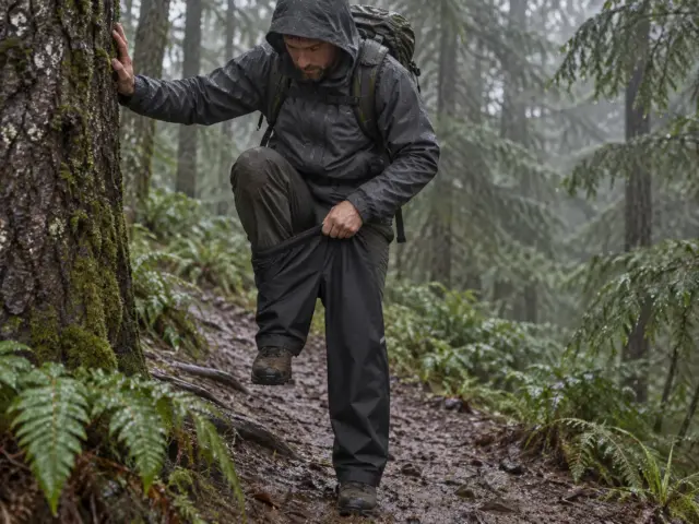 0-best-rain-pants-for-hiking-hero Hiker pulling on rain pants for hiking beside a wet conifer trail under grey rain