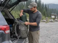 How to Go Backpacking with a Tent, From Pack to Pitch Hiker sliding a tent stuff sack upright into his pack at a trailhead before backpacking with a tent