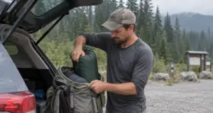 How to Go Backpacking with a Tent, From Pack to Pitch Hiker sliding a tent stuff sack upright into his pack at a trailhead before backpacking with a tent