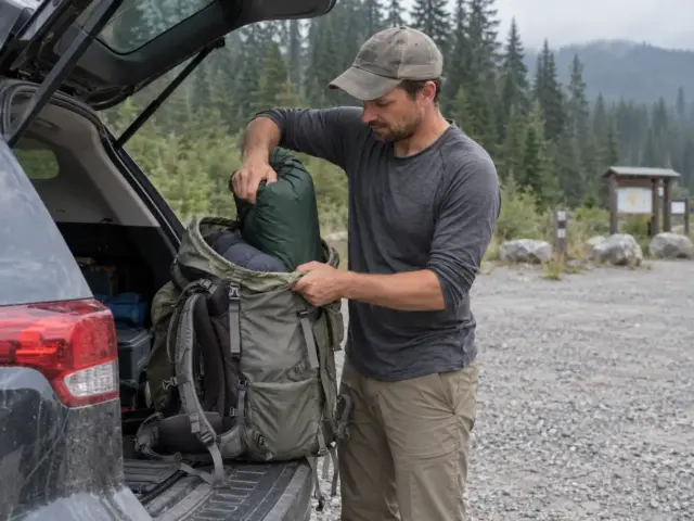 0-hiker-packing-tent-into-backpack-at-trailhead Hiker sliding a tent stuff sack upright into his pack at a trailhead before backpacking with a tent