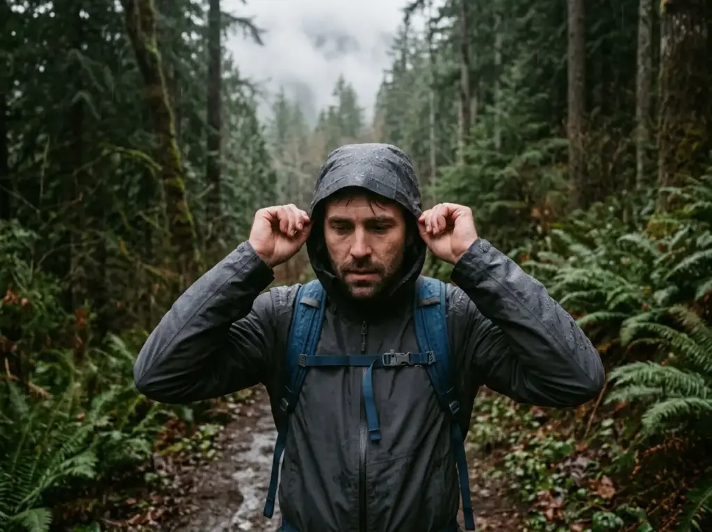 Hiker in rain gear adjusting a shell hood on a wet Cascades trail in steady rain