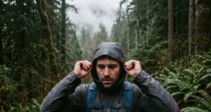 Rain Gear for Hiking Types Explained Plainly Hiker in rain gear adjusting a shell hood on a wet Cascades trail in steady rain