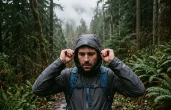 Rain Gear for Hiking Types Explained Plainly Hiker in rain gear adjusting a shell hood on a wet Cascades trail in steady rain
