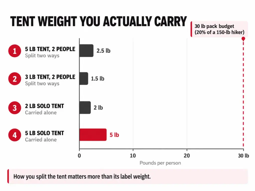 Bar chart of tent weight each hiker carries: split two-person tents versus solo tents, against a 30 lb pack budget