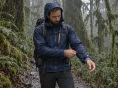 How to Stay Dry Hiking in the Rain Without Sweating Hiker in a rain jacket pausing on a wet forest trail while hiking in the rain