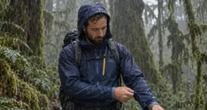 How to Stay Dry Hiking in the Rain Without Sweating Hiker in a rain jacket pausing on a wet forest trail while hiking in the rain