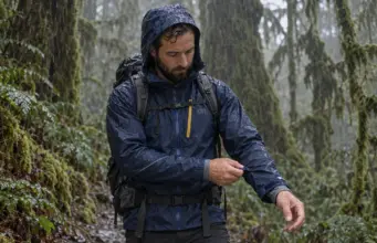 How to Stay Dry Hiking in the Rain Without Sweating Hiker in a rain jacket pausing on a wet forest trail while hiking in the rain
