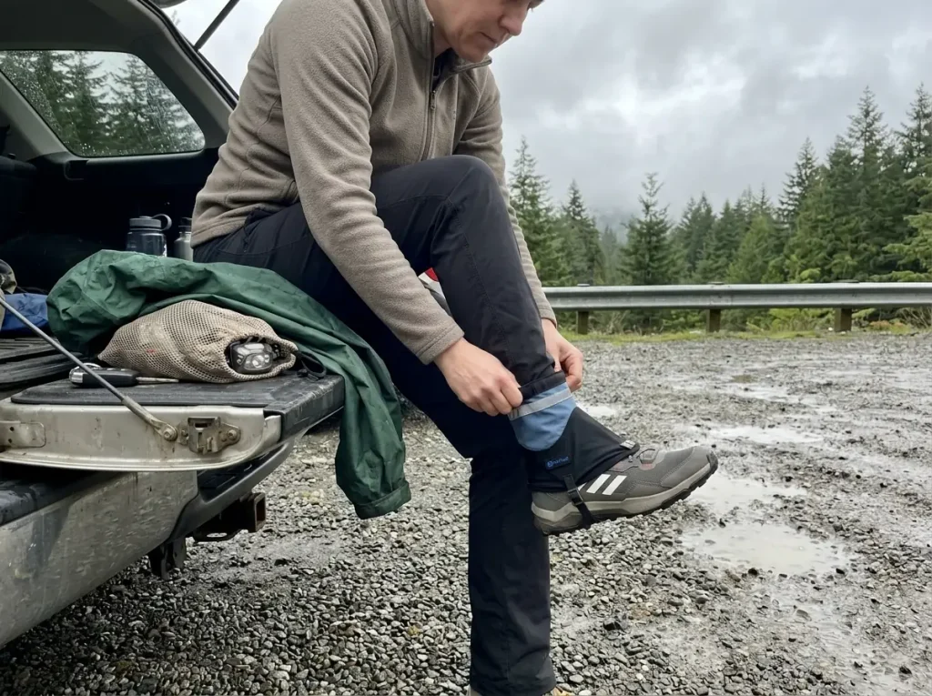 Ankle gaiters pulled over trail shoes at a wet Cascades trailhead alongside rain gear