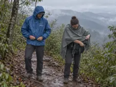 Rain Jacket vs Poncho for Hiking Pick by Trip Hiker in a rain jacket beside a hiker in a poncho on a wet Appalachian Trail ridgeline