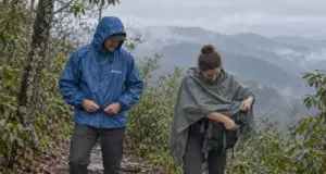 Rain Jacket vs Poncho for Hiking Pick by Trip Hiker in a rain jacket beside a hiker in a poncho on a wet Appalachian Trail ridgeline