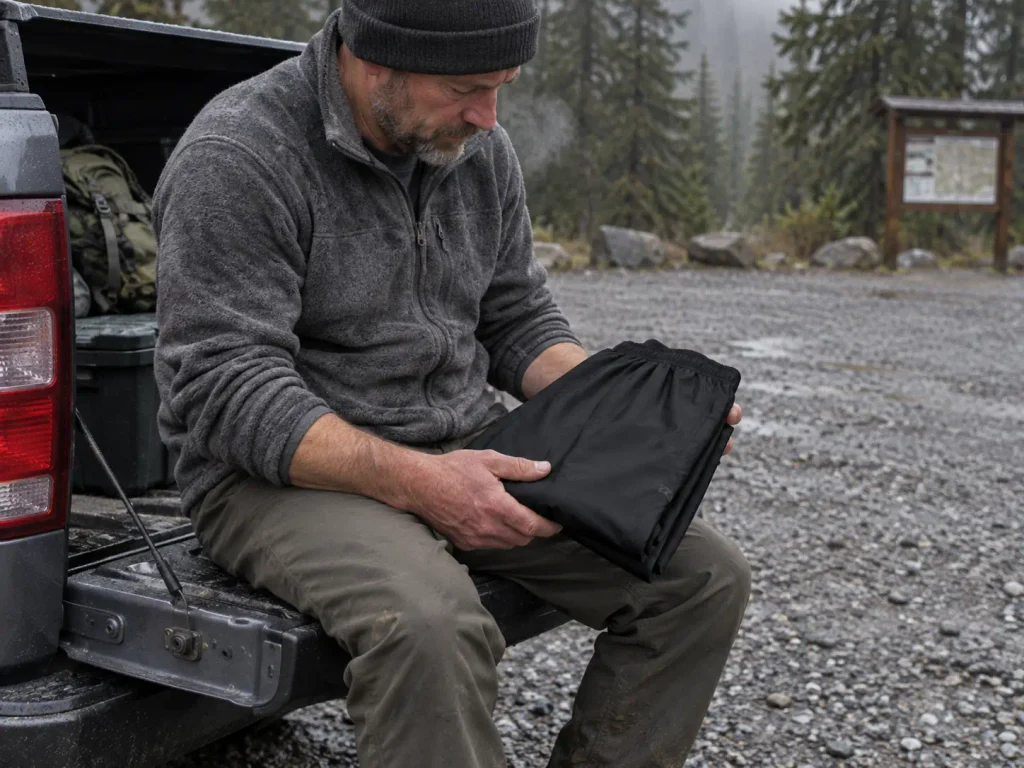 Hiker checking the rain pants in his pack before leaving a cold wet trailhead
