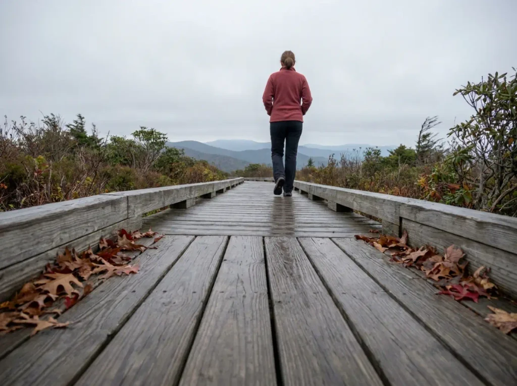 Wooden boardwalk on the Rough Ridge trail along the Blue Ridge Parkway in North Carolina's High Country