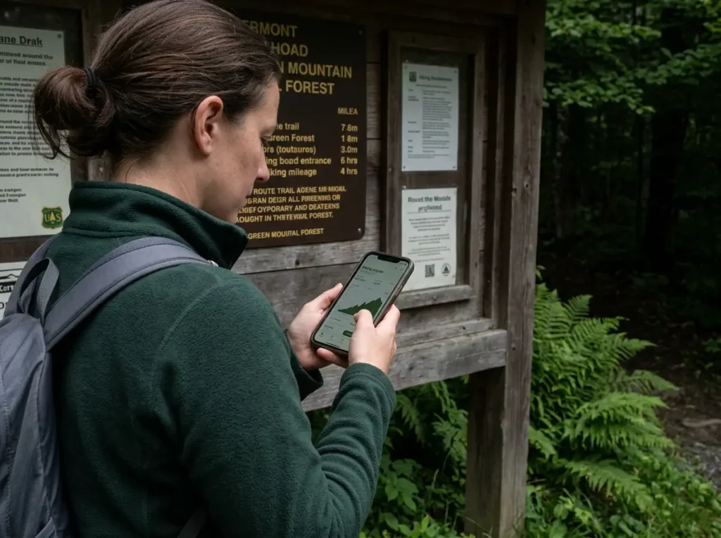 Hiker reading a trail difficulty rating on her phone at a Vermont trailhead kiosk