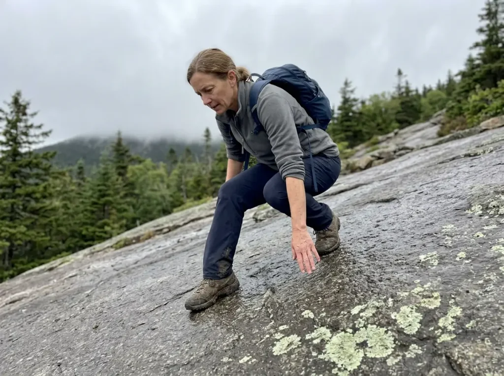 Wet granite slab on a White Mountains trail in New Hampshire, boots braced on the rock
