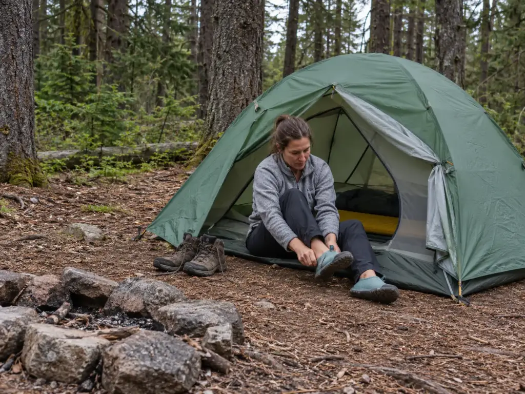 Woman sitting in the open door of a pitched two-person backpacking tent at a forest campsite, changing into camp shoes
