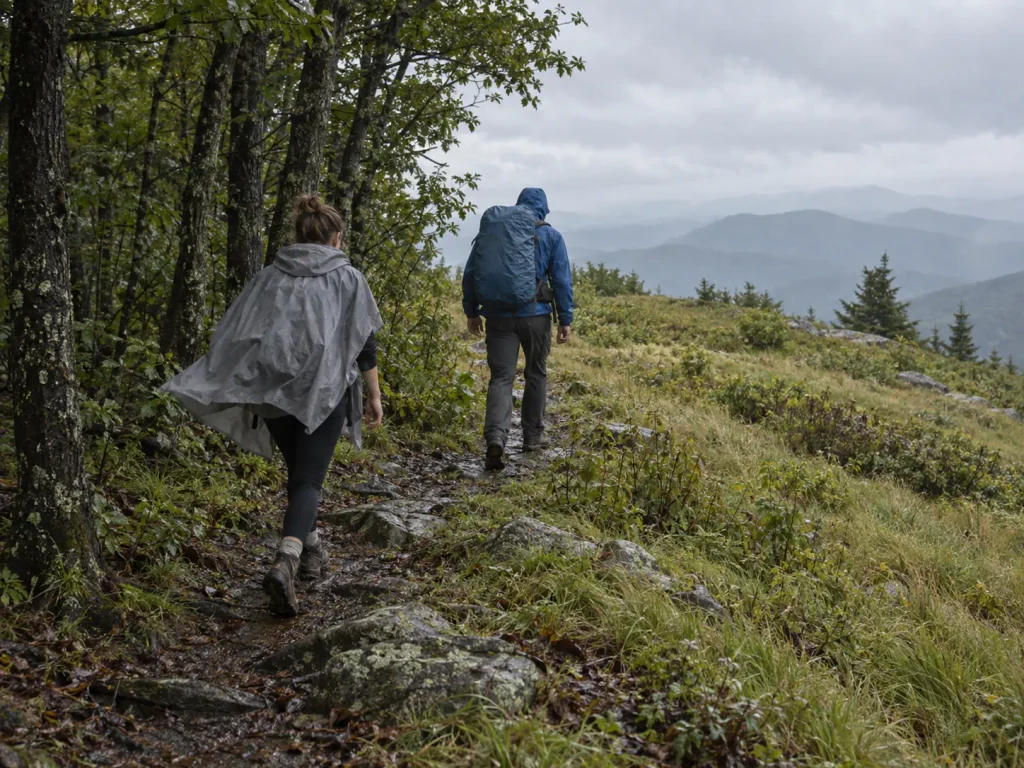 Two hikers in different rain layers where the Appalachian Trail leaves the trees