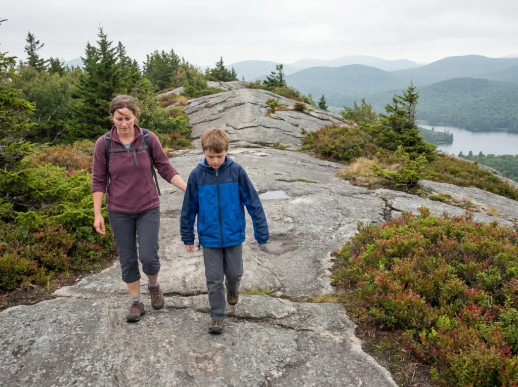 Family pausing on the open rock spine of Bald Mountain, a beginner hike in New York's Adirondacks