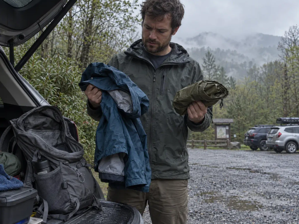Hiker deciding between a rain jacket and a poncho at a wet trailhead parking area