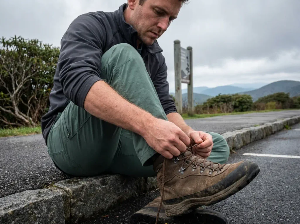 Hiker lacing boots at the Craggy Gardens trailhead on the Blue Ridge Parkway near Asheville