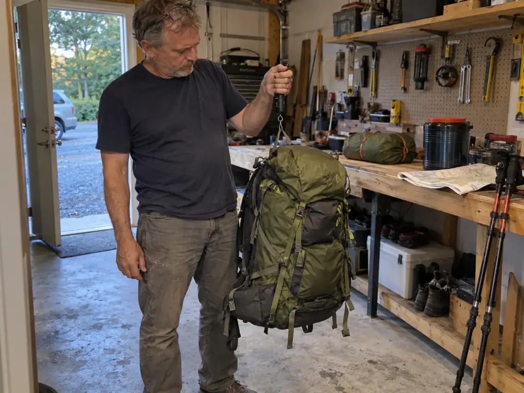Man weighing his loaded backpacking pack on a luggage scale in his garage to check tent and pack weight