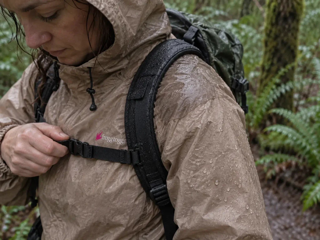Close view of a rain jacket shoulder where the water has stopped beading and wetted out