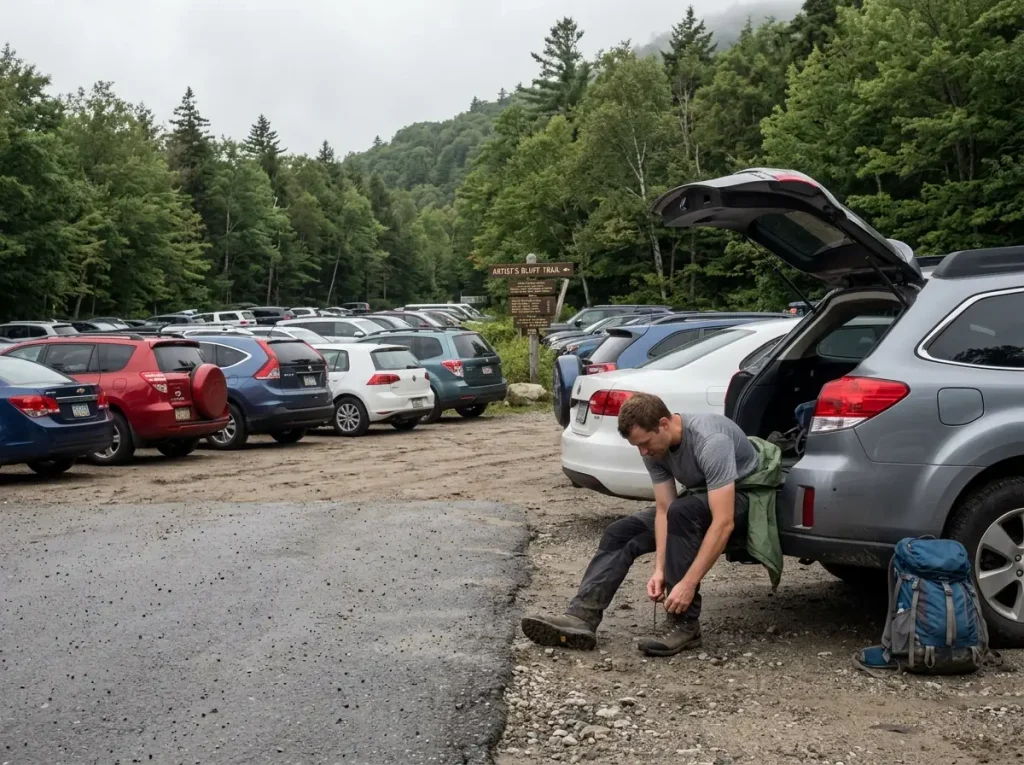 Hikers at a small crowded trailhead parking lot in Franconia Notch, New Hampshire
