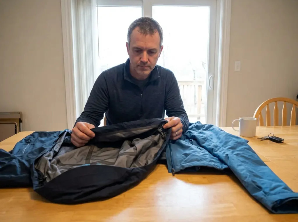 Two rain jackets laid on a table showing different waterproof shell constructions