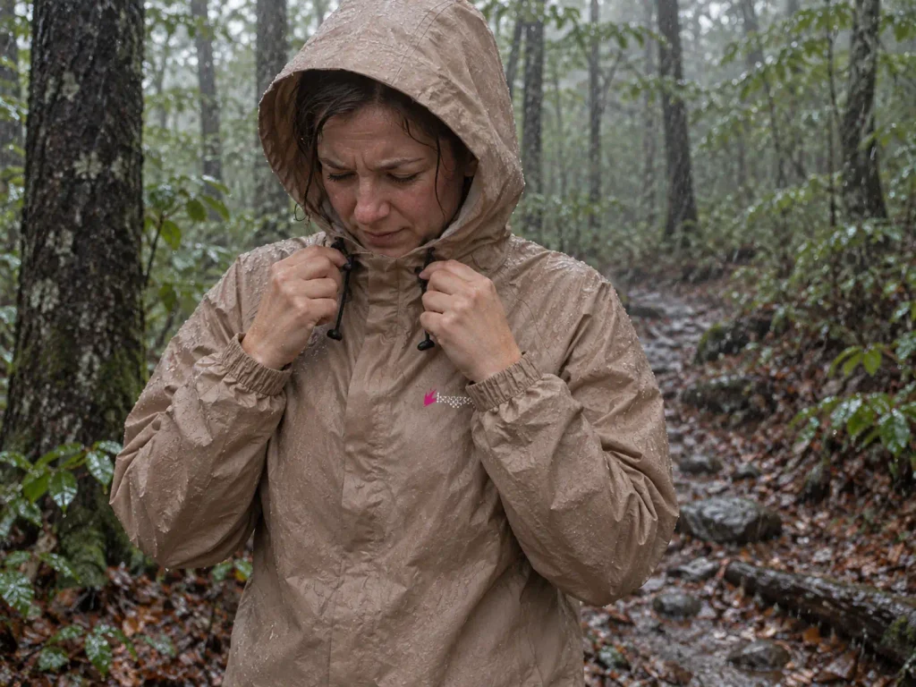 Hiker cinching the hood of a rain jacket in steady rain on a forested trail