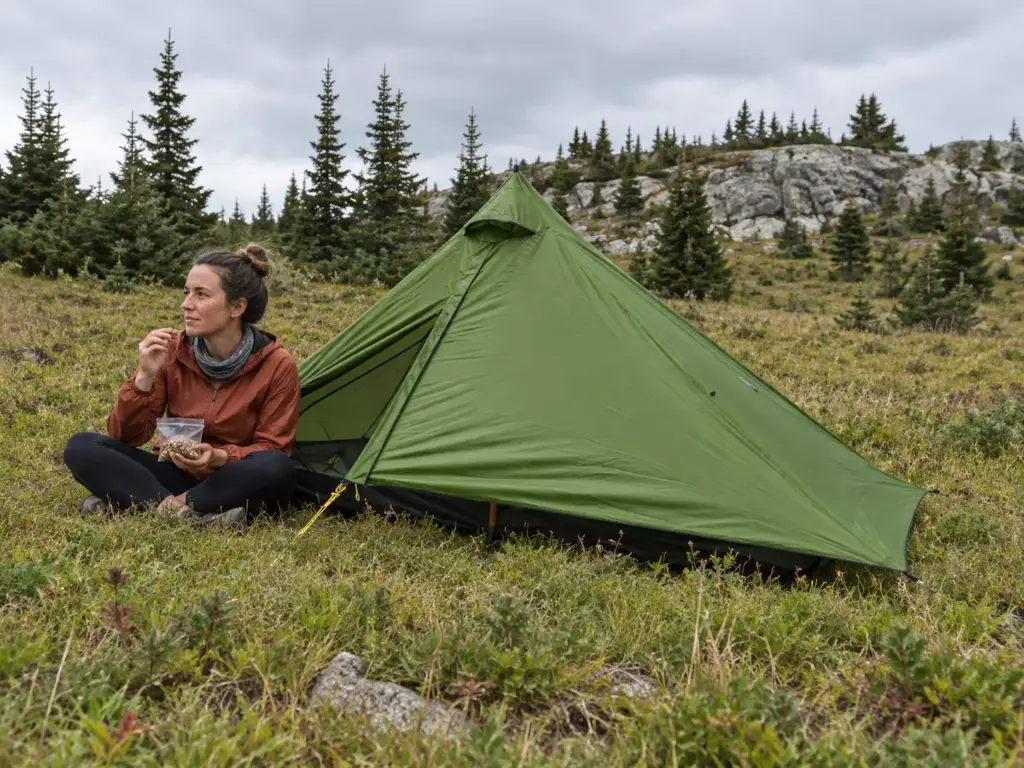 Six Moon Designs Lunar Solo trekking-pole tent pitched at a meadow edge while a backpacker sits beside it