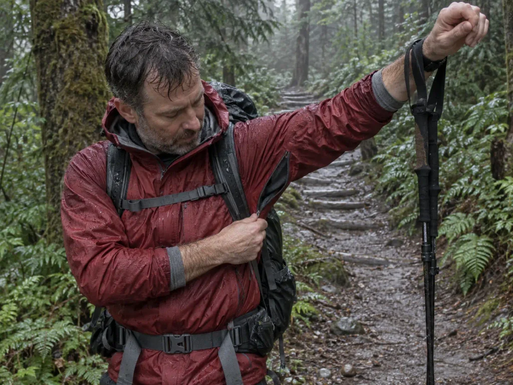 Hiker opening jacket pit zips at the base of a climb to vent before sweating