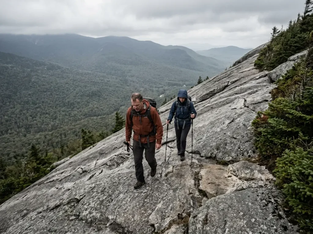 Hikers ascending the open granite slabs of the Welch-Dickey Loop in New Hampshire