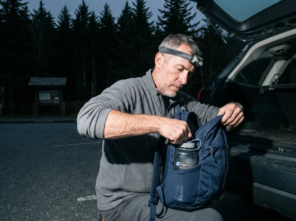 Packing a daypack at the Alum Cave trailhead in Great Smoky Mountains National Park at dusk