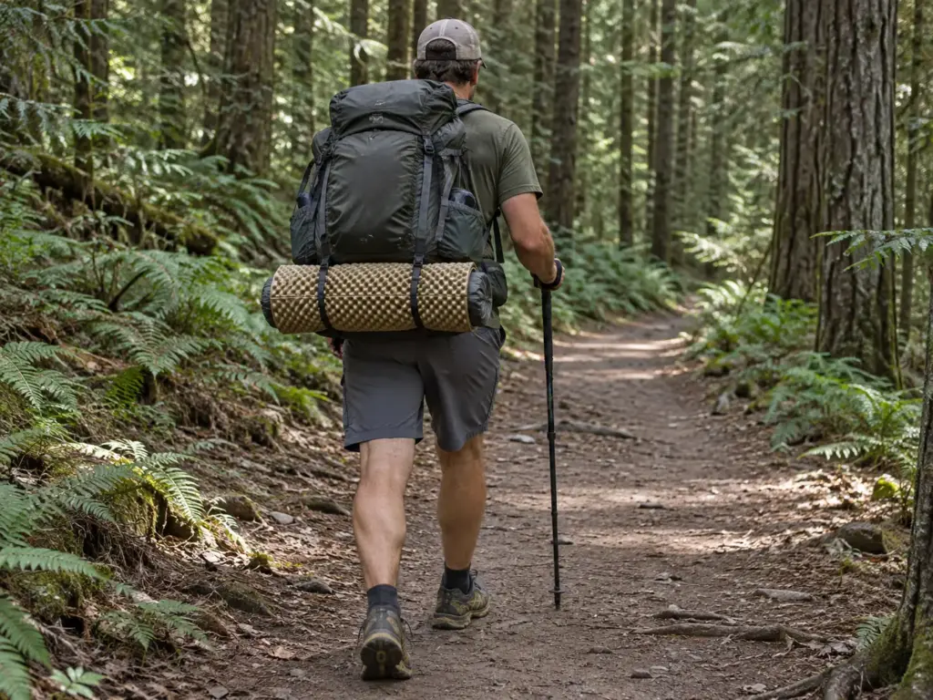 Backpacker walking a forest trail with a rolled tent wrapped in a Therm-a-Rest Z Lite pad under his pack