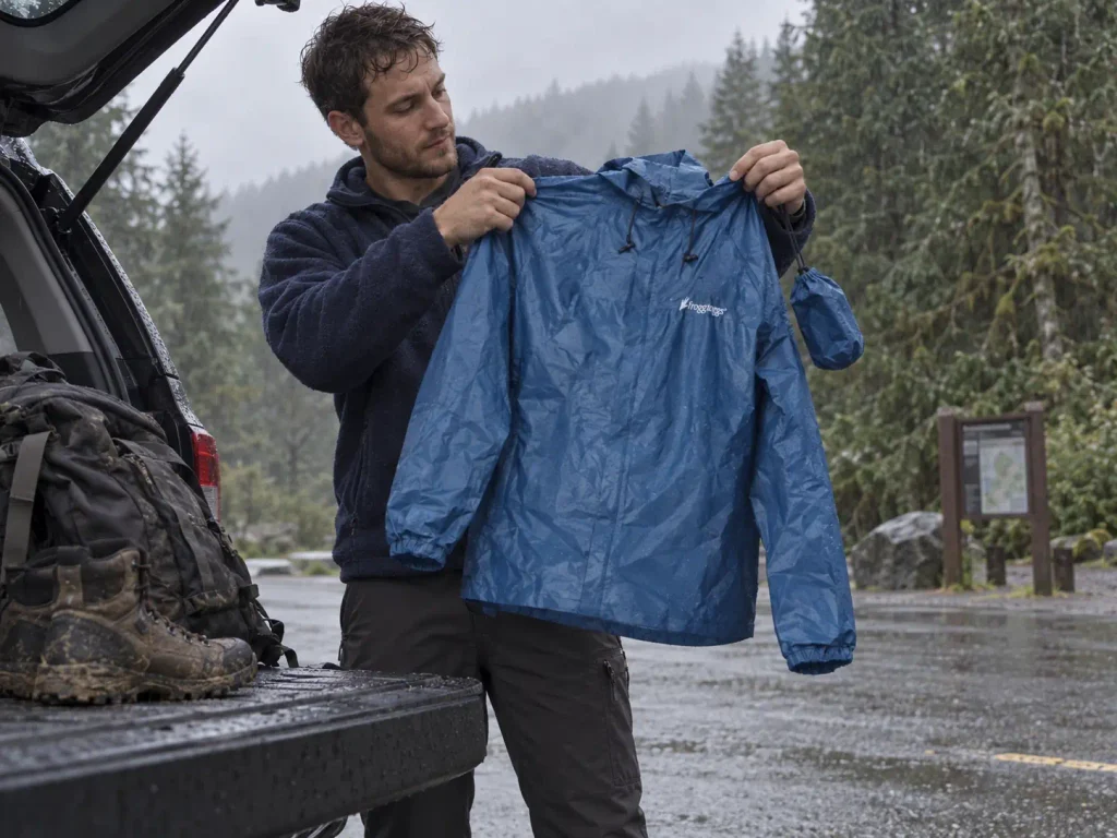 Budget rain jacket being shaken out at the trailhead before a rainy hike
