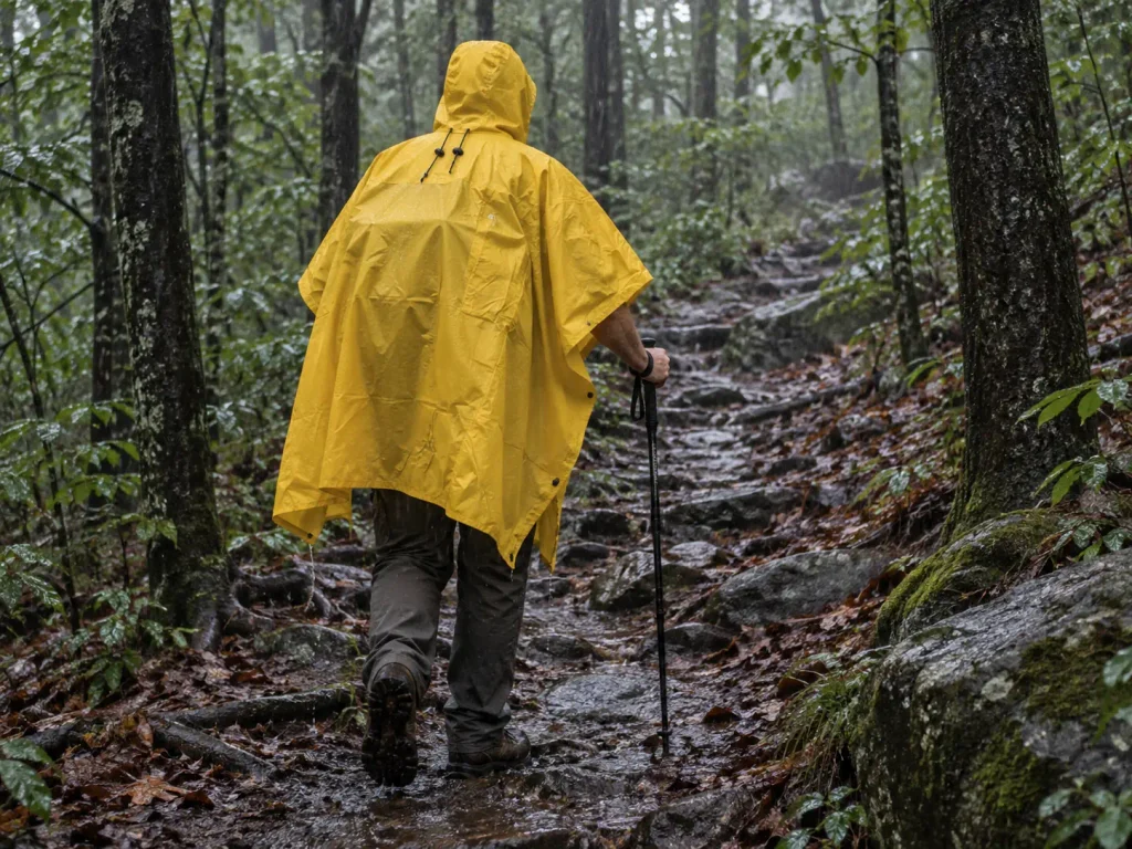 Hiking poncho covering a hiker and a loaded backpack in one panel on a wet trail