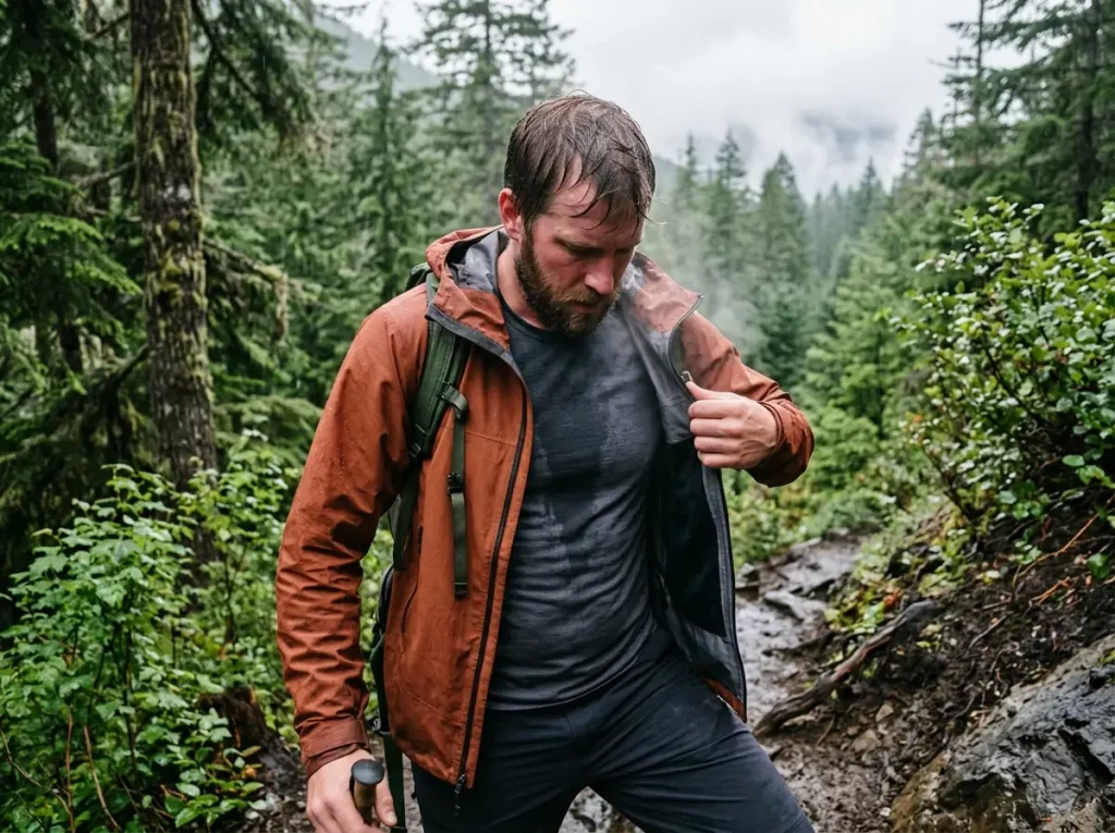 Hiker opening a rain jacket pit zip to vent sweat during a wet climb in the Cascades