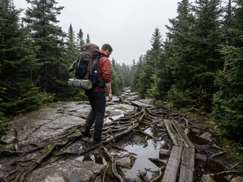 Hiker on the rocky Van Hoevenberg Trail toward Mount Marcy in the Adirondack High Peaks