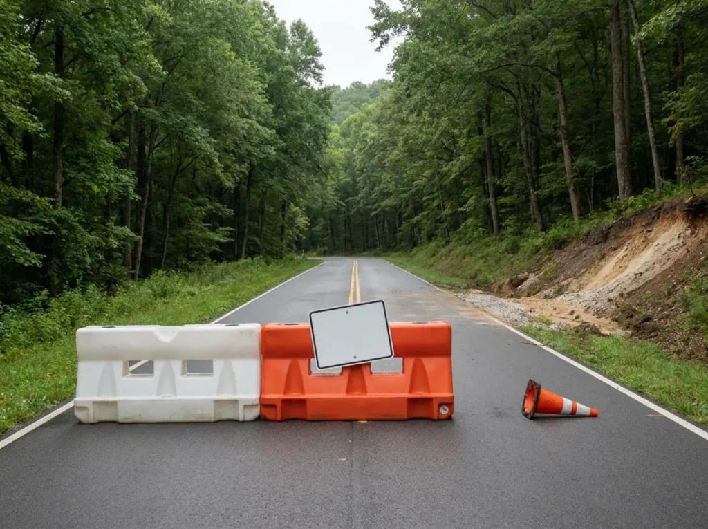 Road closed barrier across a Blue Ridge Parkway access road in North Carolina after storm damage