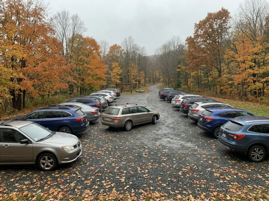 Full trailhead parking lot at Camel's Hump State Park on a fall morning in Vermont