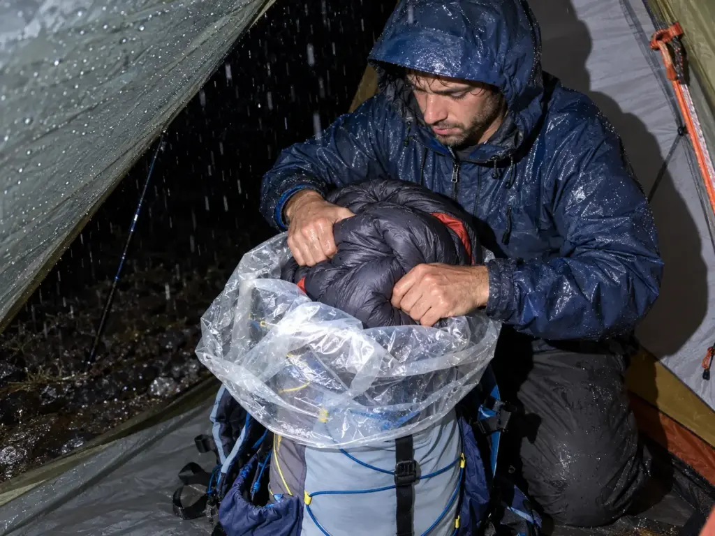 Backpacker packing a sleeping bag into a Nylofume pack liner inside his tent vestibule during pre-dawn rain