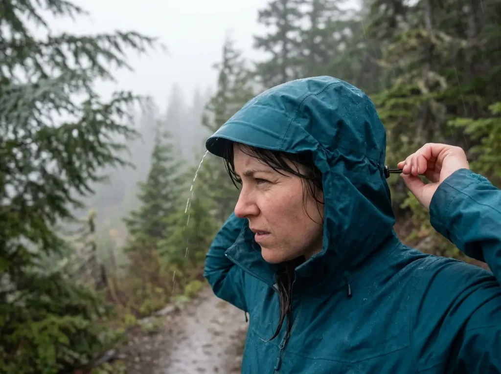 Hiker adjusting the stiffened brim of a rain jacket hood in wind-driven rain