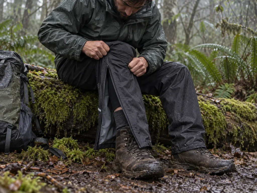 Hiker pulling full-zip rain pants on over boots at the trail edge in the rain