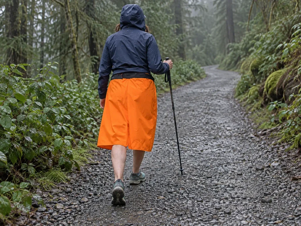 Hiker wearing an orange rain kilt instead of rain pants on a mild wet trail