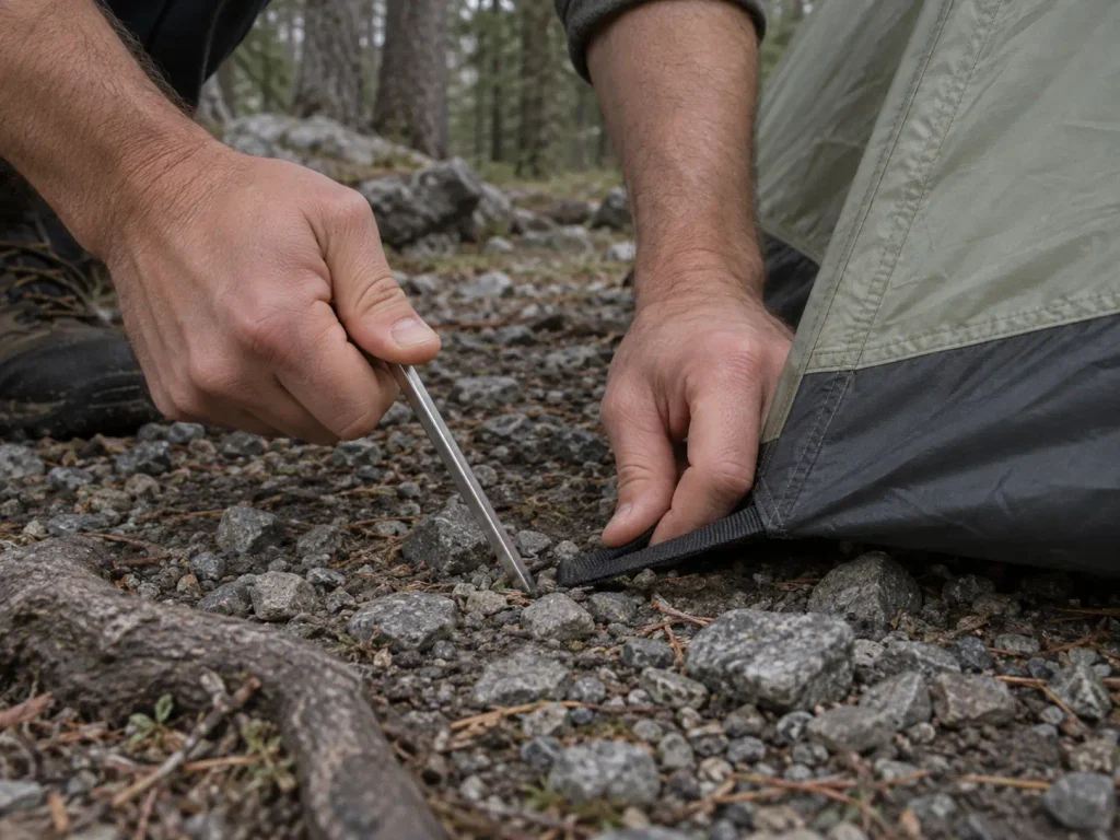 A hand pressing a tent stake into rocky ground beside a pitched freestanding backpacking tent