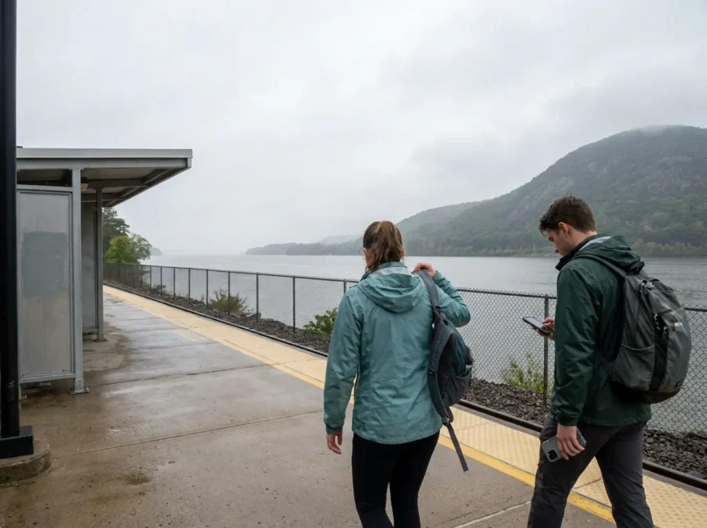 Hikers with daypacks leaving the Cold Spring Metro-North platform for a car-free New York hike