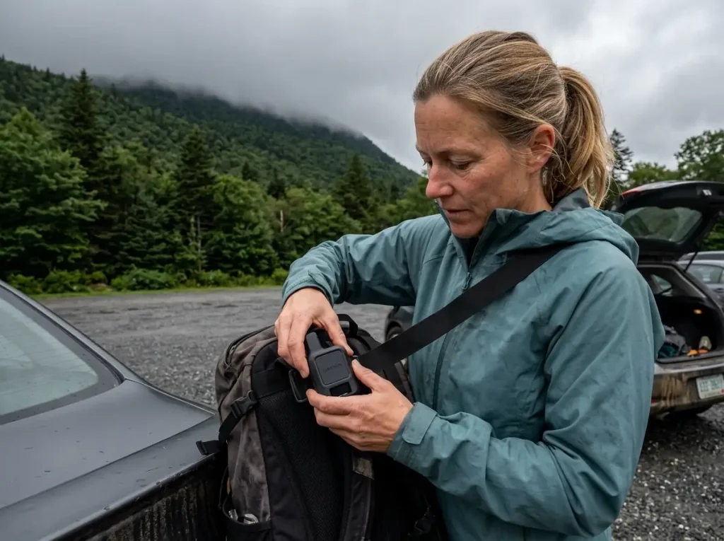 Garmin inReach Messenger in a hiker's hand below Mount Washington in the White Mountains