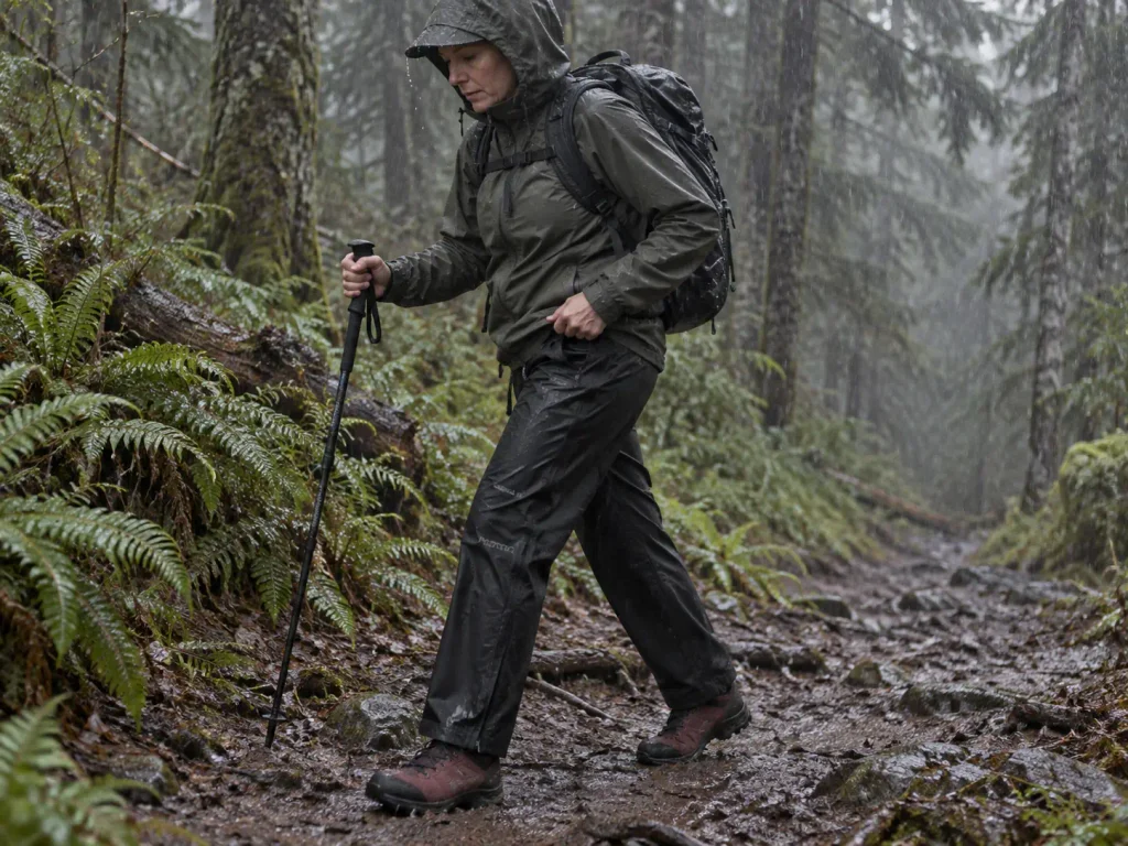 Woman hiking in Marmot PreCip Eco rain pants through steady rain on a wet trail